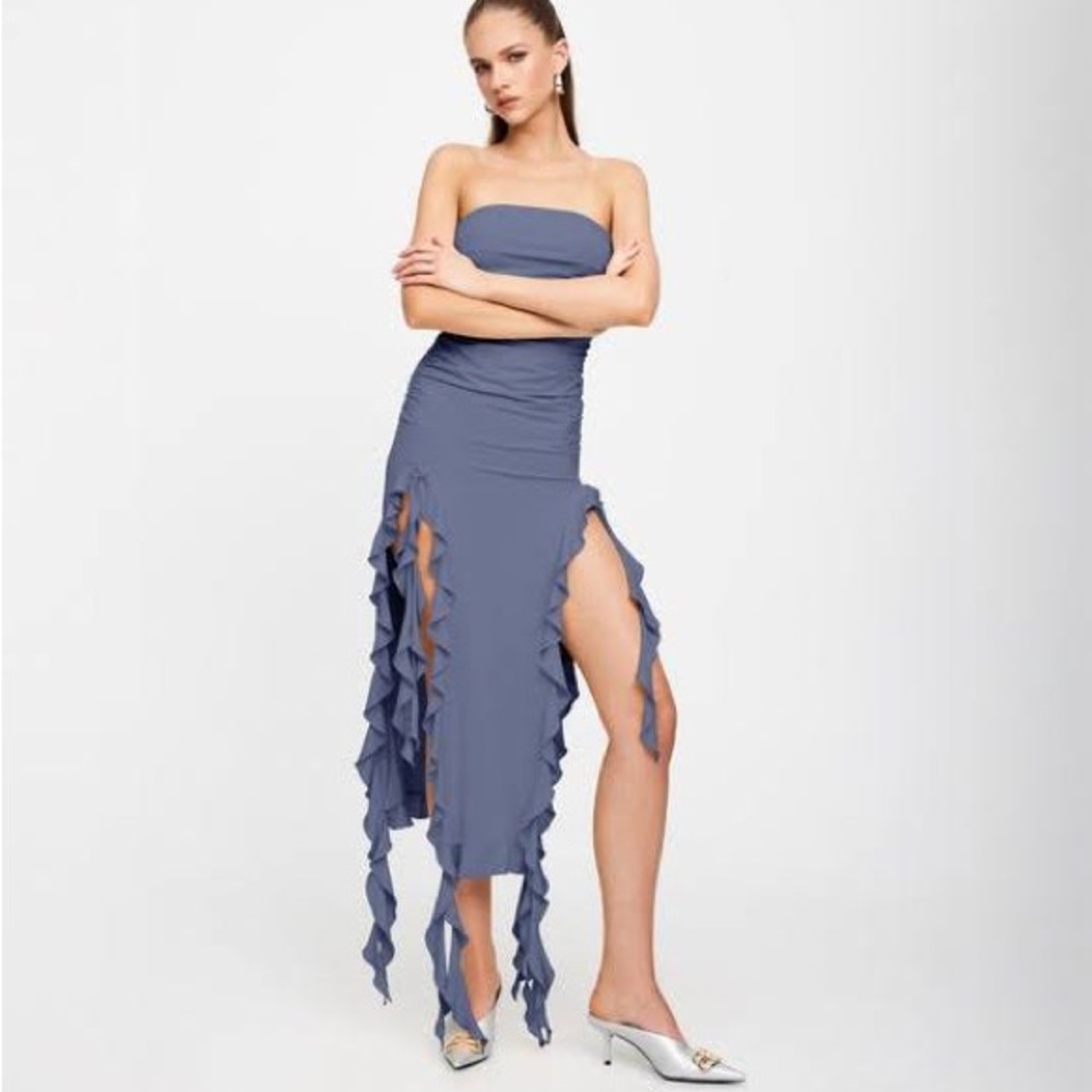 Lioness Rendezvous Strapless Ruffle Midi Dress Slate - Picture 2 of 4